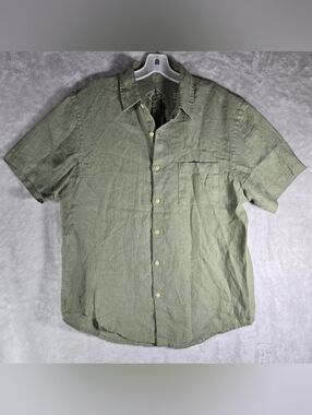 Alex Crane 100% Linen Button Up Short Sleeve Shirt Men Size L Large Green Pocket
